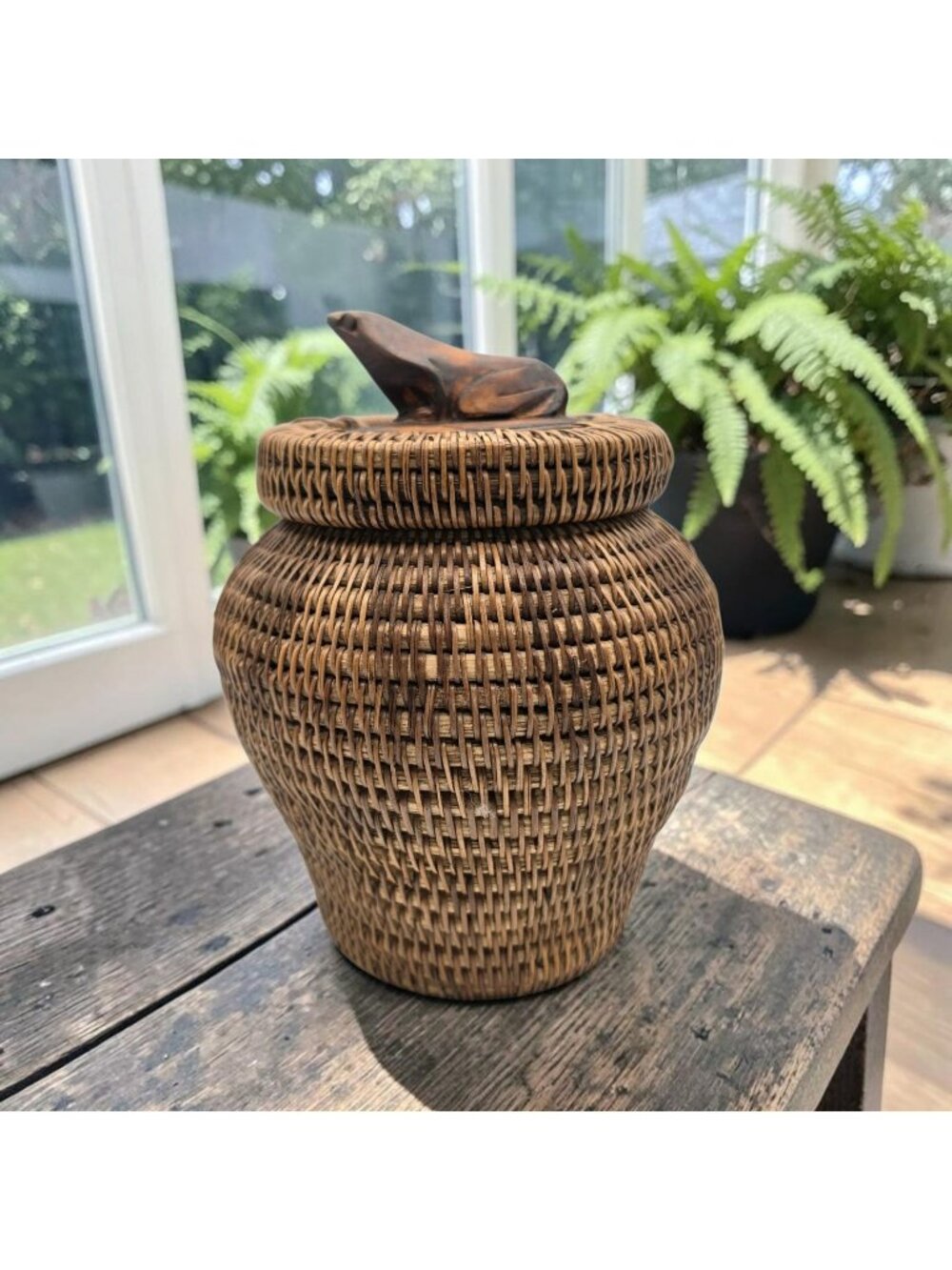 Handwoven Indonesian Lombok Wicker Basket Wooden Frog Lid Rustic Decorative